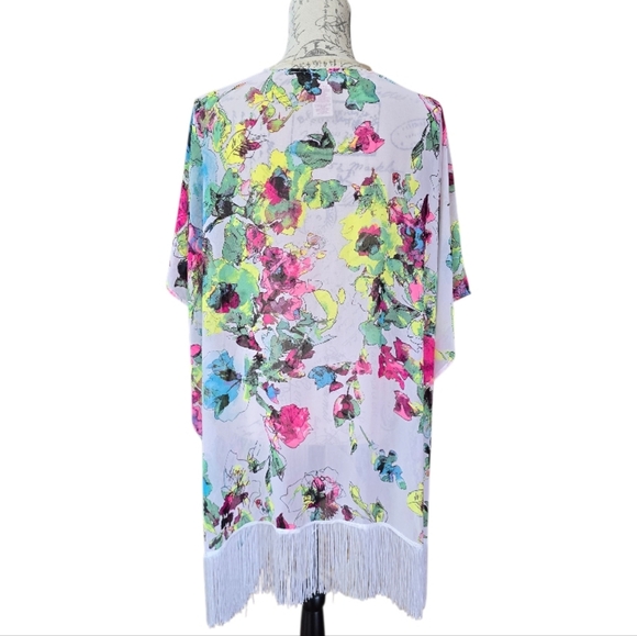OP Multicolor Floral White Fringed Swim Cover Kimono XL - Picture 2 of 7